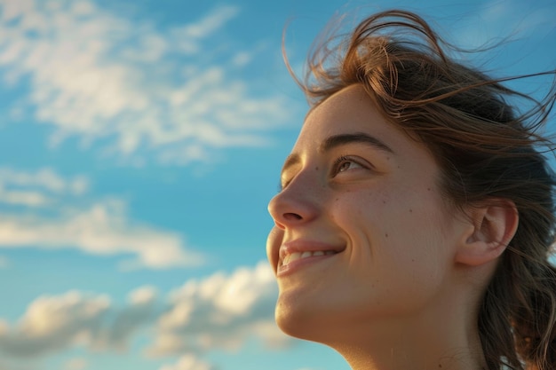 Una donna felice che celebra la libertà, la pace della mente, il successo.