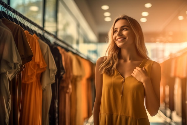 Una donna felice che cerca la moda e la sceglie in un moderno negozio di shopping con AI generativa