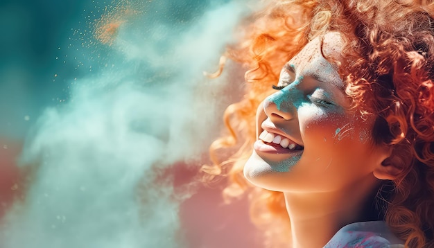 Una donna felice con i colori di Holi sul viso e nei capelli Festival dei colori concetto di primavera