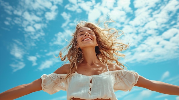 Una donna felice contro un cielo blu un segno di libertà per un felice giorno della donna AI generativa