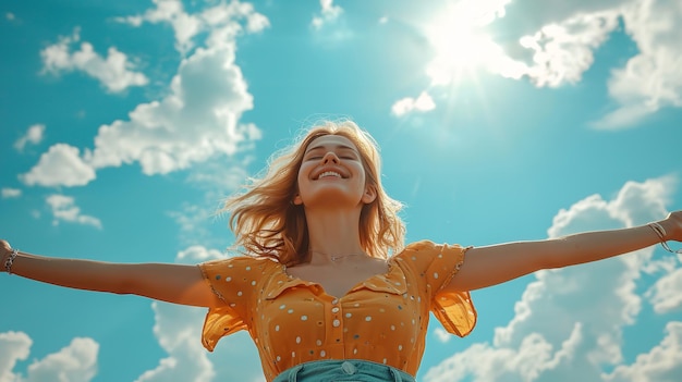 Una donna felice contro un cielo blu un segno di libertà per un felice giorno della donna AI generativa