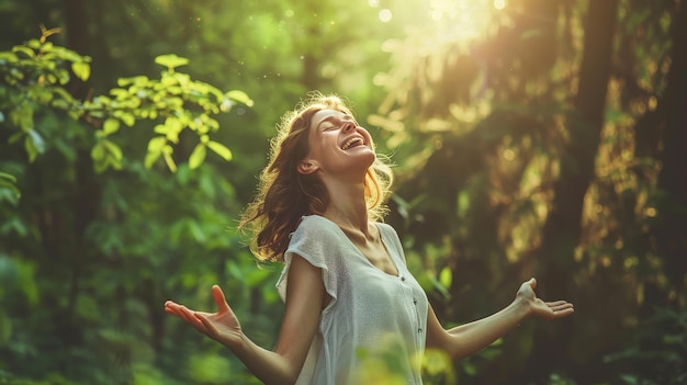 Una donna felice e felice che si gode il verde, la bella natura, i boschi, la foresta intorno alla sua ai generativa.