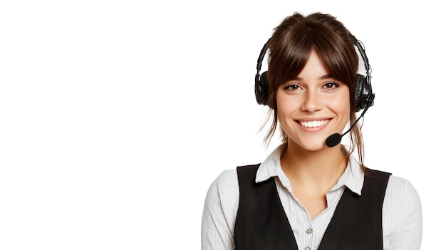 Una donna felice e sorridente che lavora nel servizio clienti con le cuffie Spacewhite bannerclipart