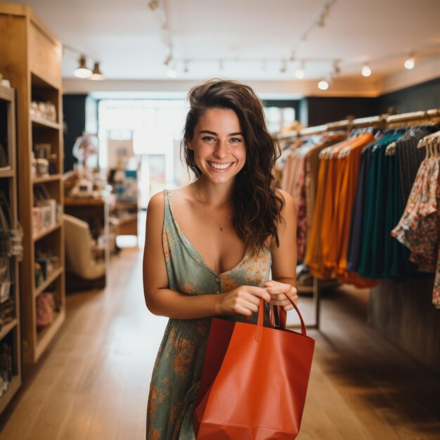 Una donna felice e sorridente che tiene una borsa dentro un vestito