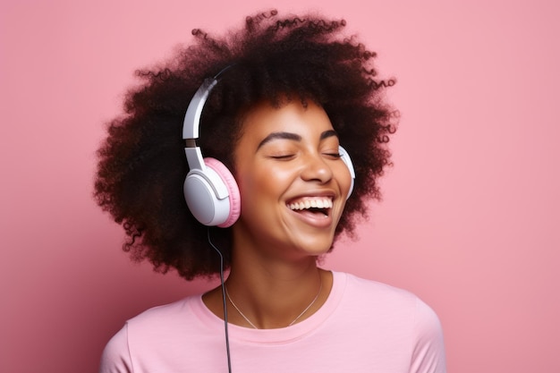 Una donna felice e sorridente con i capelli afro ricci e le cuffie una modella donna che ride ascolta musica su uno sfondo pastello rosa