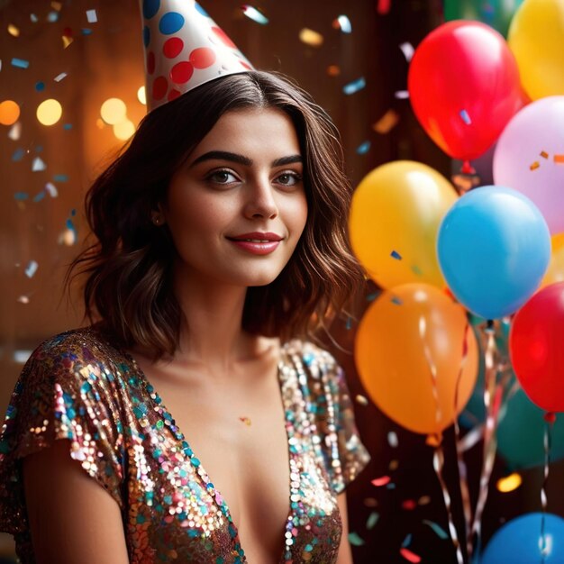 Una donna felice e sorridente con un cappello da festa con confetti e palloncini