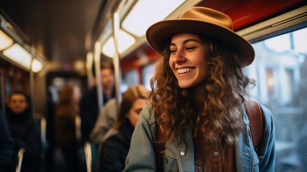 una donna felice in treno in inverno mentre usa il suo telefono