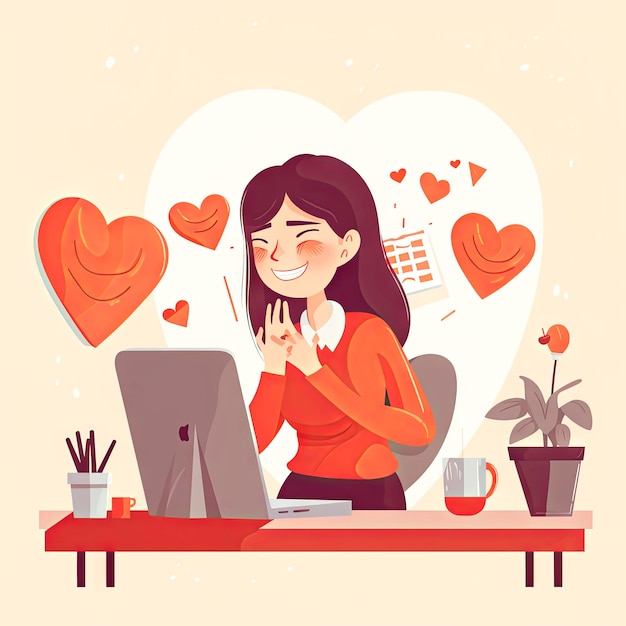Una donna felice in ufficio con il cuore innamorato