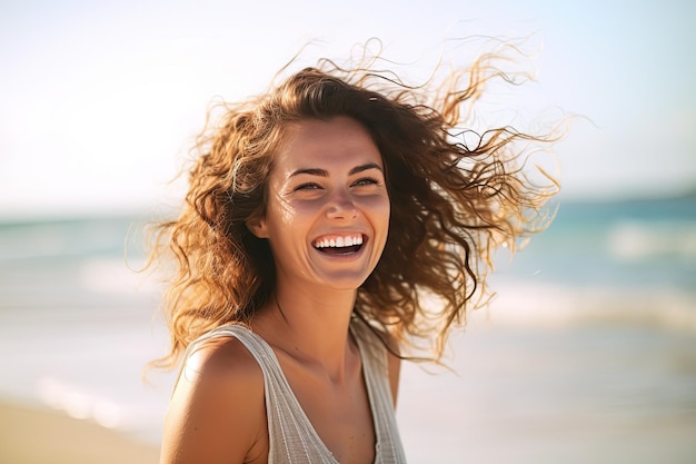 Una donna felice in vacanza in spiaggia sorridendo ampiamente di gioia e gratitudine incarnando la felicità dal sereno oceano Generative Ai