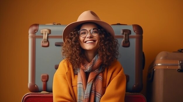 Una donna felice in vacanza, un viaggiatore divertente, che si diverte nel suo viaggio e che è pronta per l'avventura.