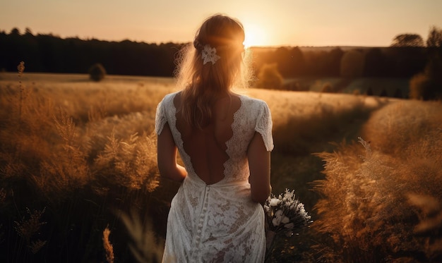 Una donna felice libera illuminata dal sole serale il concetto di libertà la sposa gode della natura generativa AI