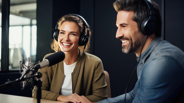 Una donna felice registra un podcast con le cuffie sorridendo e guardando un ospite maschio mentre intervista per uno spettacolo online in studio