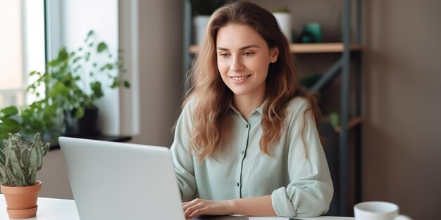 Una donna felice si siede in ufficio e lavora al computer.