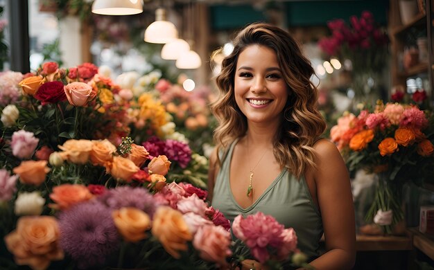 Una donna felice sorridente nel suo negozio di fiori tra una varietà di bouquet colorati