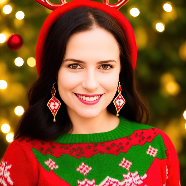 Una donna generata dall'intelligenza artificiale con un maglione natalizio