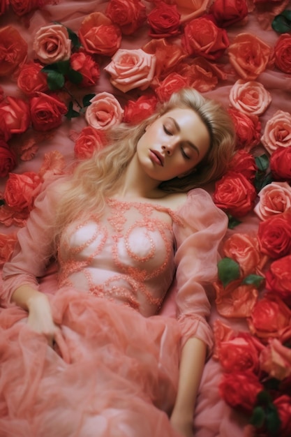 Una donna giace in un letto di rose.