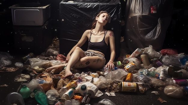 Una donna giace in un mucchio di immondizia ed è circondata da immondizia con la faccia ricoperta di vernice
