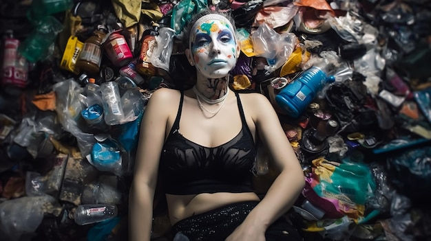 Una donna giace in un mucchio di immondizia ed è circondata da immondizia con la faccia ricoperta di vernice