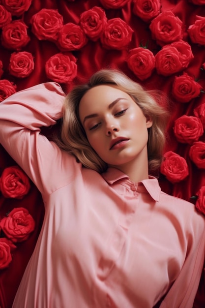 Una donna giace su un letto di rose rosse.