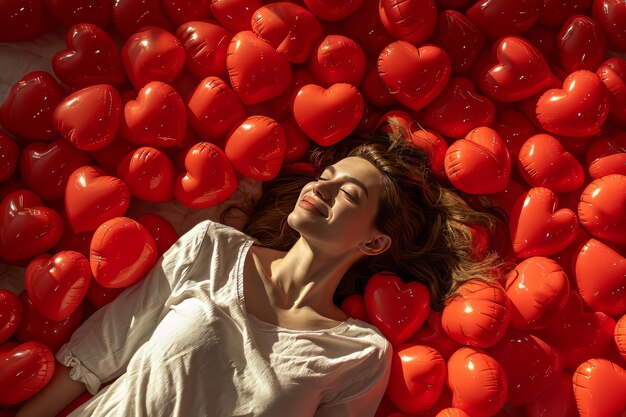 Una donna giace su un letto nel mezzo di palloncini rossi a forma di cuore San Valentino