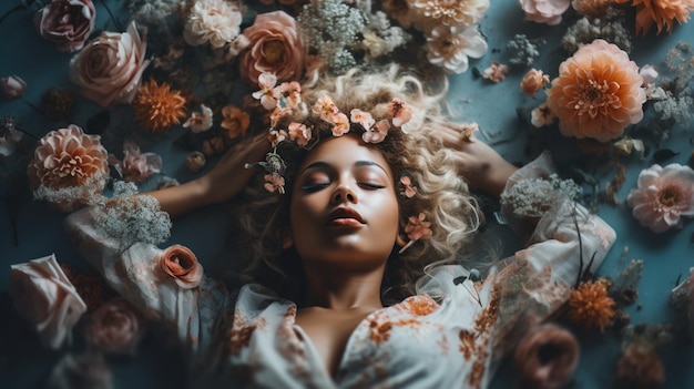 Una donna giace sulla sua testa circondata da fiori