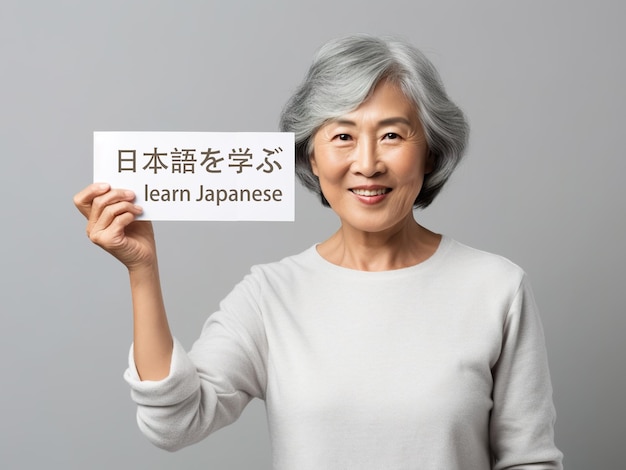 Una donna giapponese tiene una carta con il testo impara il giapponese in inglese e le lingue giapponesi generative ai