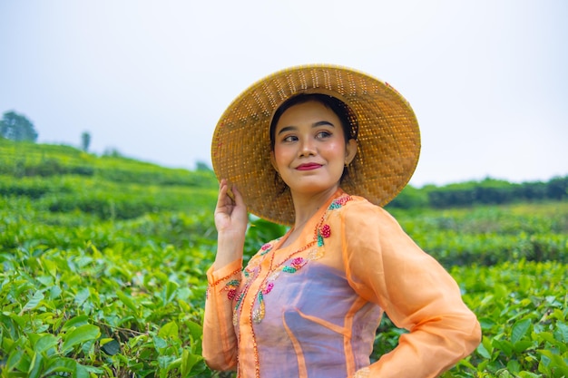 una donna giavanese si prende cura del suo giardino di tè quando indossa un vestito arancione al mattino