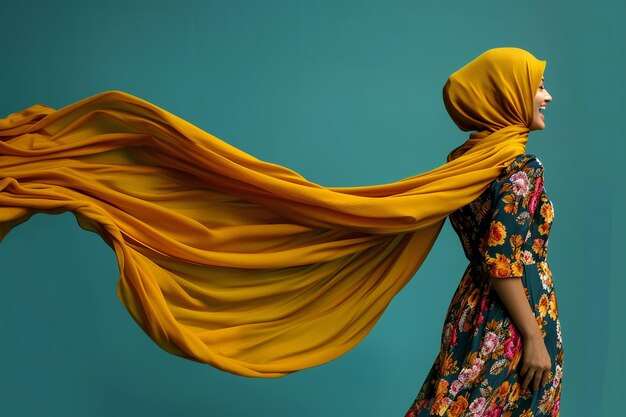 Una donna gioiosa con un hijab giallo senape che scorre su uno sfondo azzurro