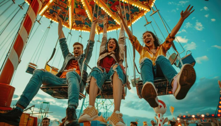 Foto una donna gioiosa è vista a un carnevale notturno circondata da luci colorate e da una folla vivace aig62