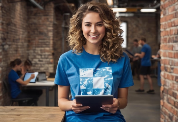 Una donna gioiosa in un tee grafico blu tiene un tablet in piedi in un ufficio con un casual focalizzato