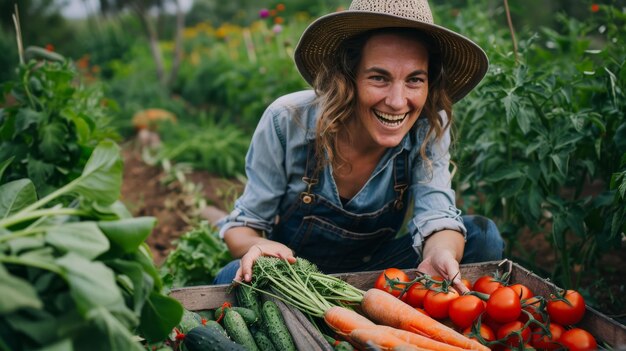 Una donna gioiosa sorride mentre tiene in mano una cassa piena di verdure fresche e vivaci