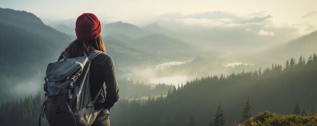 Una donna gode della vista delle montagne estive mentre è su una vetta di montagna Escursione e concetto di disintossicazione digitale Contemplazione della natura da sola con i tuoi pensieri Pace e vita lenta Foto con spazio di copia