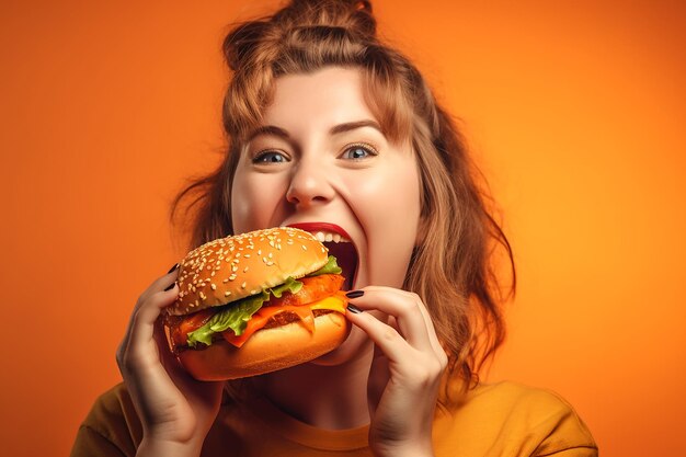 Una donna grassa felice che mangia un hamburger isolata sullo sfondo arancione