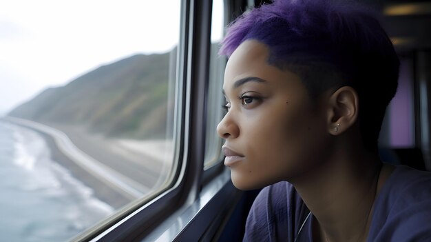 Una donna guarda fuori da un finestrino e guarda fuori dal finestrino di un treno.