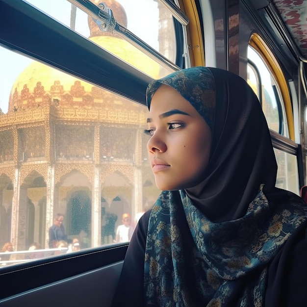 Una donna guarda fuori dalla finestra un edificio con una cupola d'oro sul tetto.