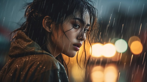 Una donna guarda la pioggia in una città buia.