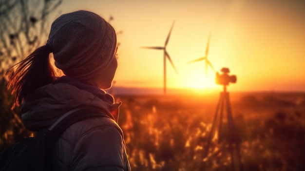 Una donna guarda una turbina eolica al tramonto.