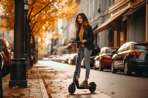 una donna guida uno scooter elettrico in un parco autunnale