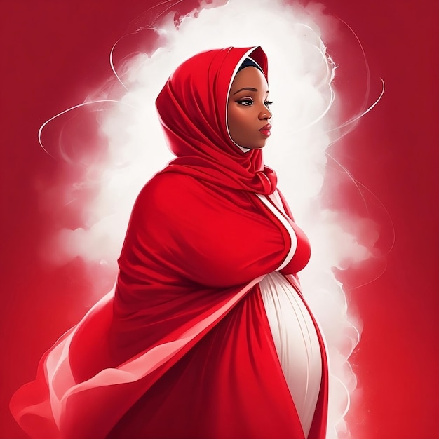 una donna hijab incinta con un vestito rosso generato dall'intelligenza artificiale