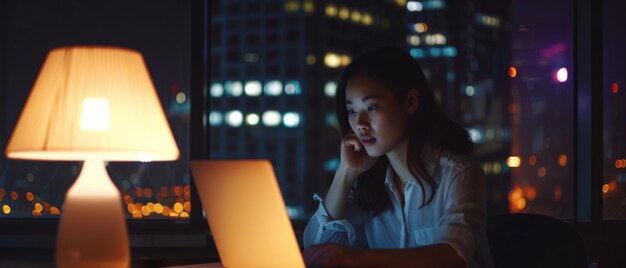 Una donna immersa nel suo lavoro di notte illuminata dal caldo bagliore di una lampada da scrivania e dello schermo del portatile contro le luci vibranti della città