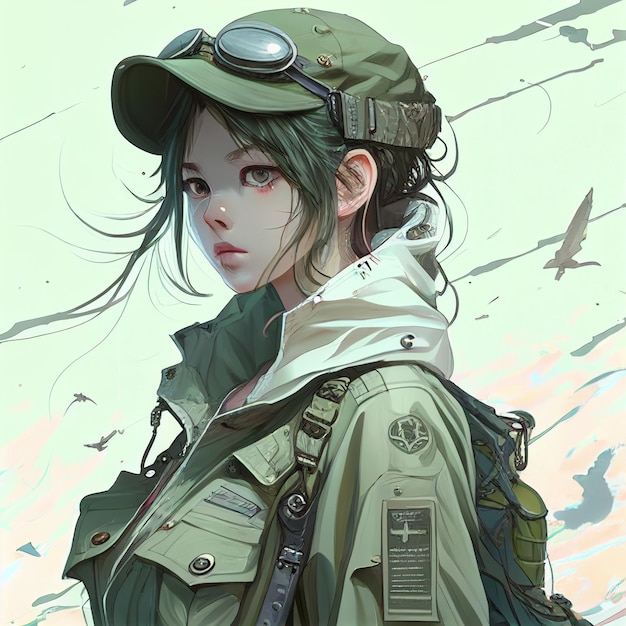 Una donna in abbigliamento militare in un costume dell'esercito di soldati in stile anime Generative AI