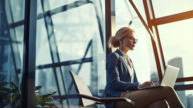 una donna in abiti da lavoro si siede davanti a un computer portatile in un ufficio luminoso con finestre di vetro
