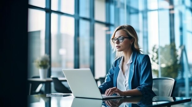 una donna in abiti da lavoro si siede davanti a un computer portatile in un ufficio luminoso con finestre di vetro