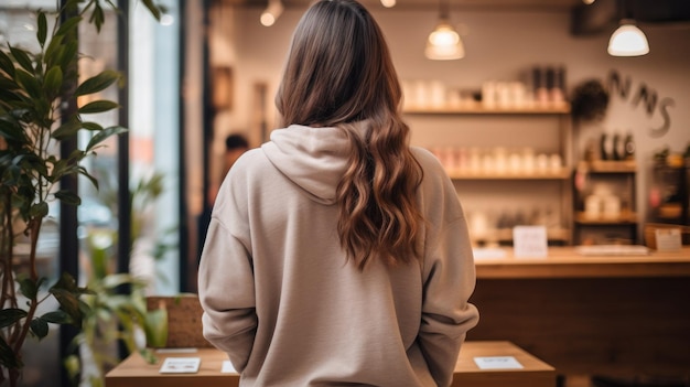 Una donna in abiti minimalisti e sostenibili visita una libreria locale con il suo stile semplice ma chic che rispecchia le sue scelte di vita consapevoli