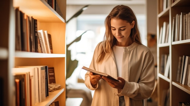 Una donna in abiti minimalisti e sostenibili visita una libreria locale con il suo stile semplice ma chic che rispecchia le sue scelte di vita consapevoli