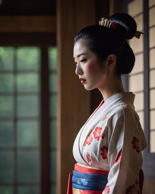 Una donna in abiti tradizionali giapponesi in piedi davanti a una finestra