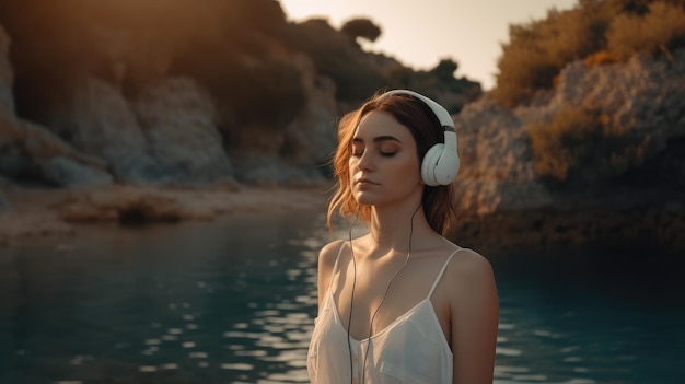 Una donna in abito bianco ascolta musica con le cuffie davanti a un lago.