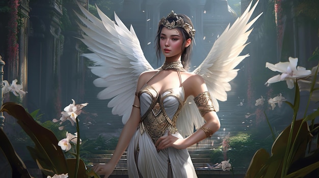 Una donna in abito bianco con ali d'angelo si trova in un giardino fiorito.