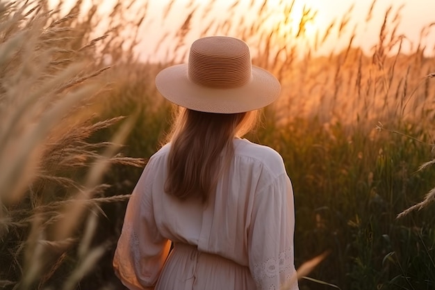 Una donna in abito bianco e cappello cammina in un campo di grano
