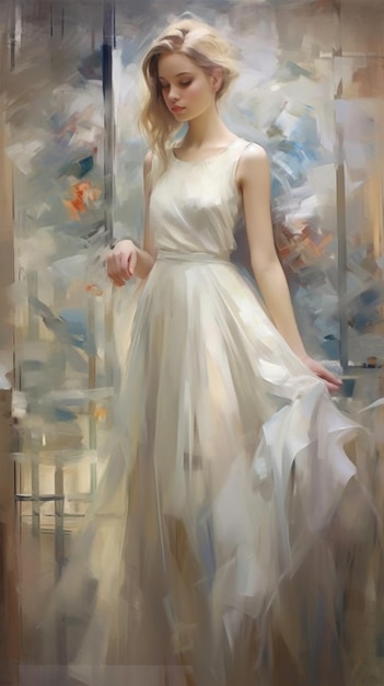 Una donna in abito bianco è in piedi davanti a un dipinto di una donna.